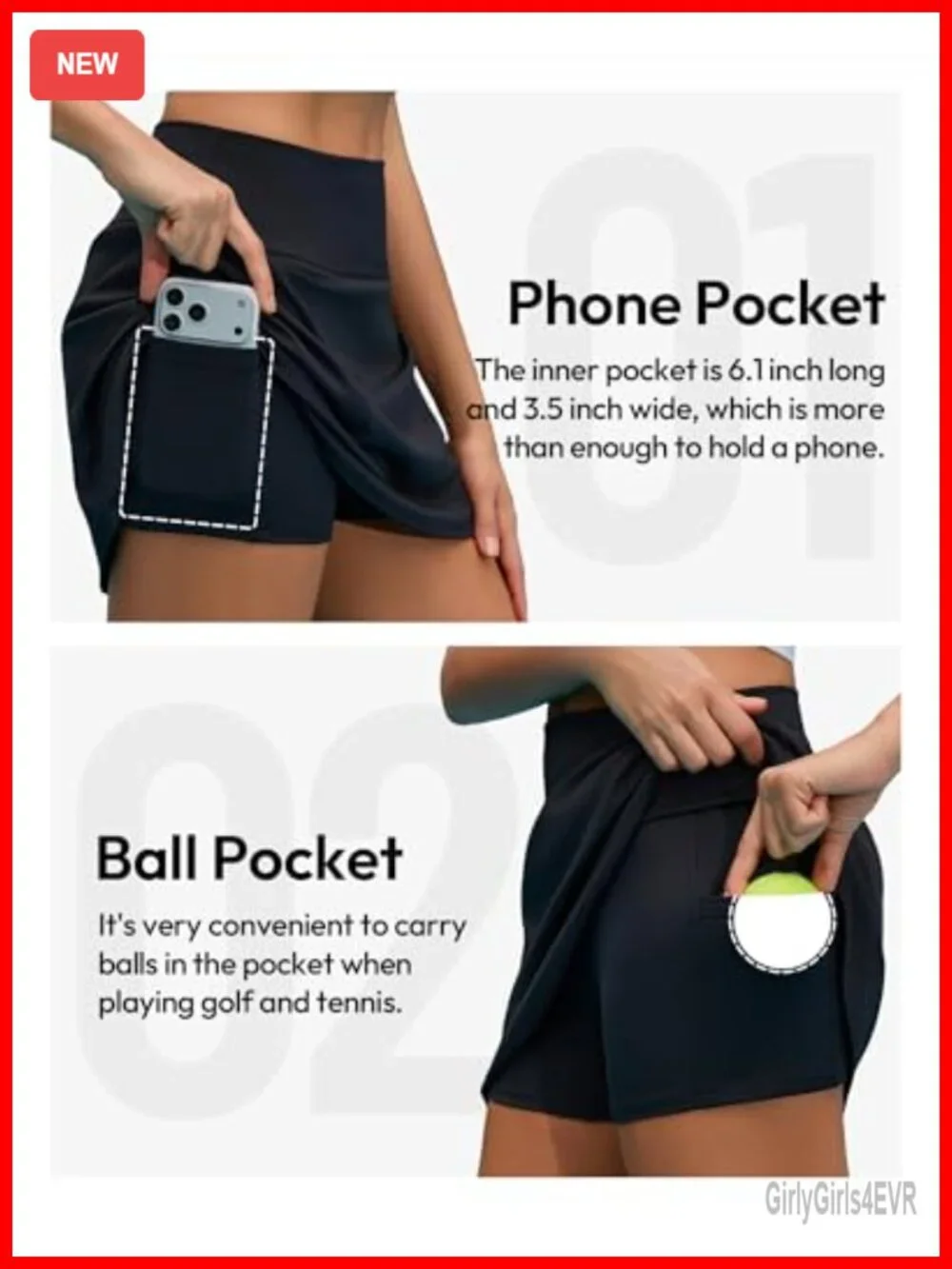 Women's Tennis Skort with Built-in Shorts & Phone Pocket, High Waisted A-Line